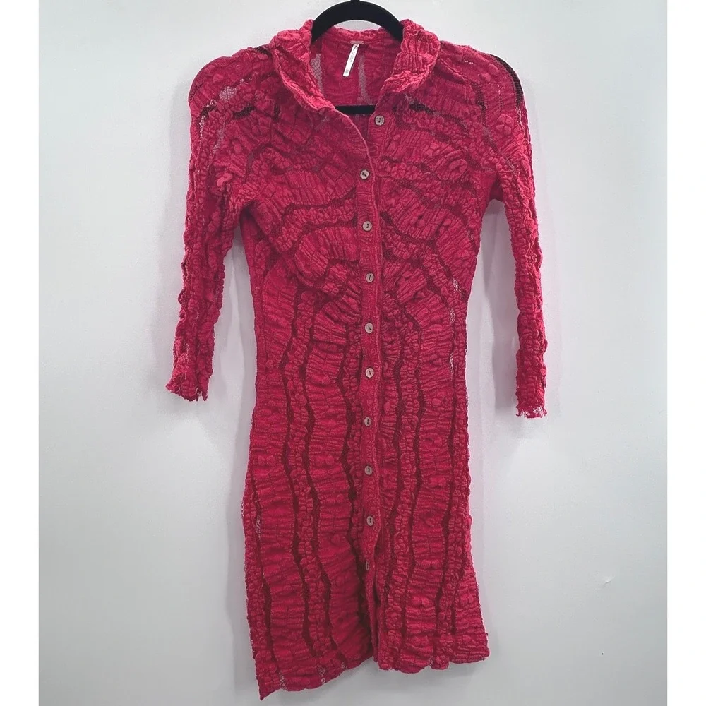 Free People XS Red Sheer Stretch Lace Button Front Tunic Dress Unlined Layering